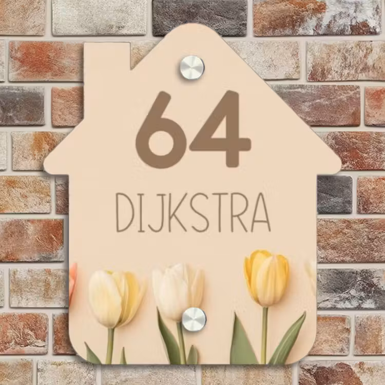 Naambordje voordeur - Huisjesvorm - Gekleurde tulpen beige achtergrond - Modern — 4