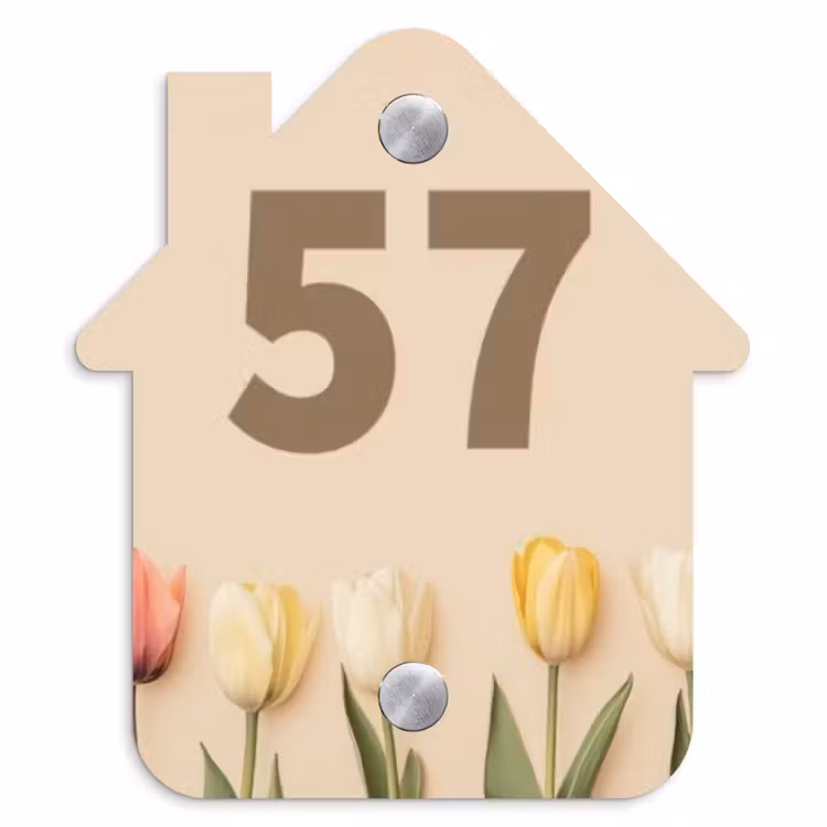 Naambordje voordeur - Huisjesvorm - Gekleurde tulpen beige achtergrond - Traditioneel — 1