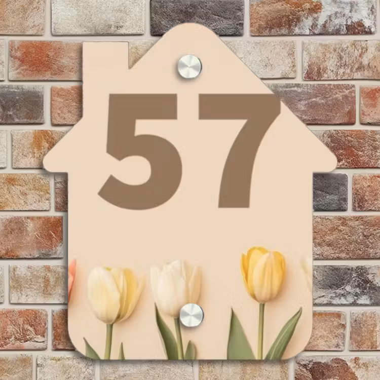 Naambordje voordeur - Huisjesvorm - Gekleurde tulpen beige achtergrond - Traditioneel — 4
