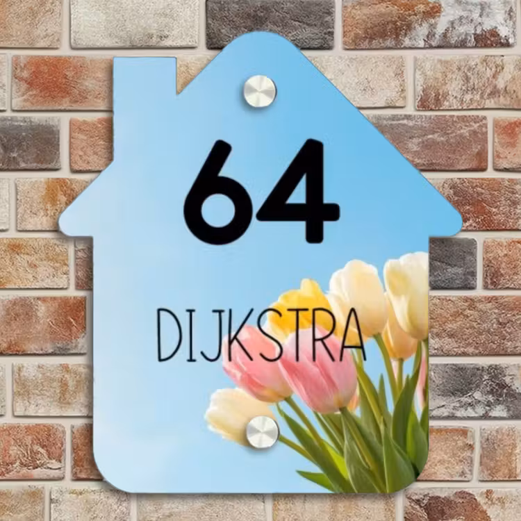 Naambordje voordeur - Huisjesvorm - Gekleurde tulpen lucht - Modern — 4