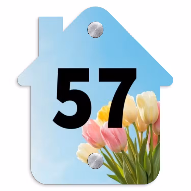 Naambordje voordeur - Huisjesvorm - Gekleurde tulpen lucht - Traditioneel — 1
