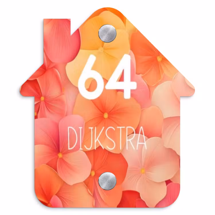 Naambordje voordeur - Huisjesvorm - Oranje bloemenmix - Modern — 1