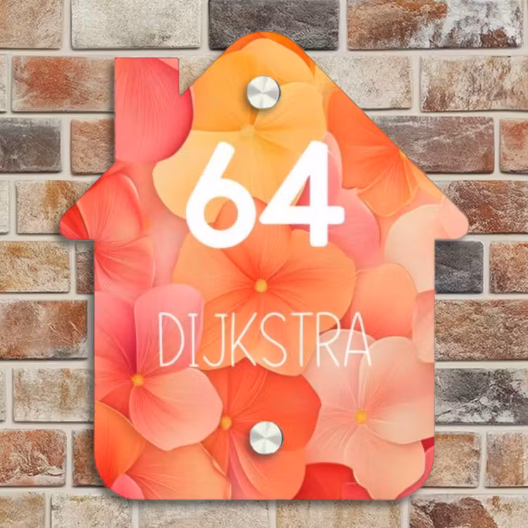 Naambordje voordeur - Huisjesvorm - Oranje bloemenmix - Modern — 4