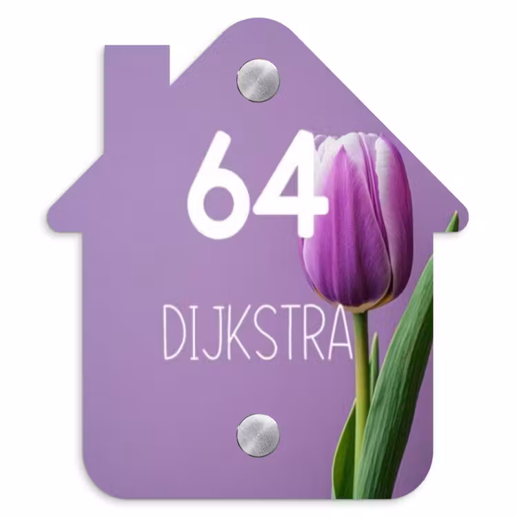 Naambordje voordeur - Huisjesvorm - Paarse tulp - Modern — 1