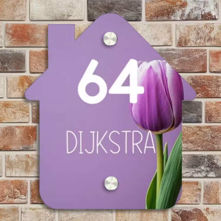 Naambordje voordeur - Huisjesvorm - Paarse tulp - Modern — 4