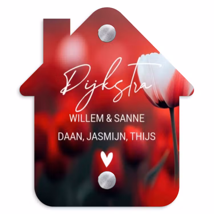 Naambordje voordeur - Huisjesvorm - Rode tulpen - Sierlijk — 1
