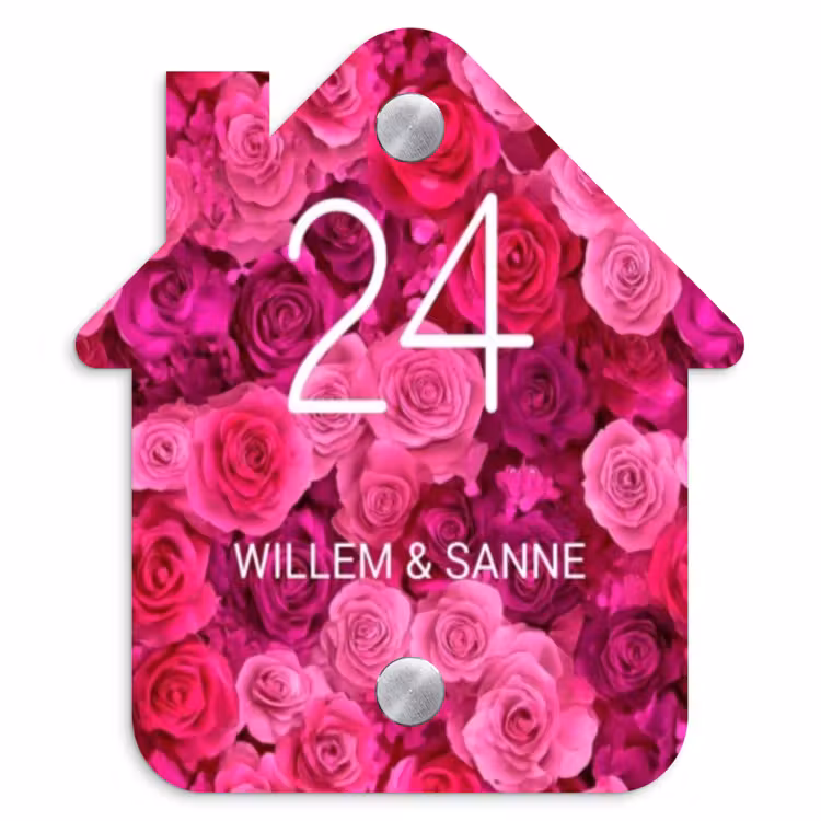 Naambordje voordeur - Huisjesvorm - Roze rozen - Klassiek — 1