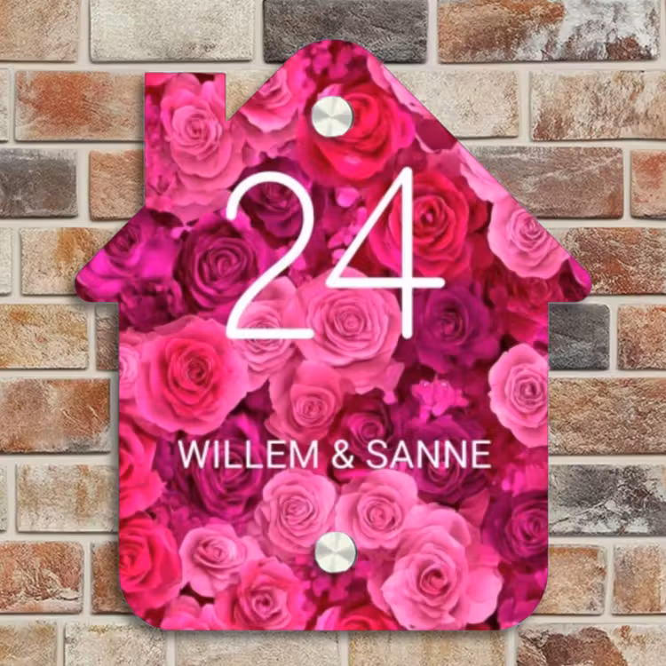 Naambordje voordeur - Huisjesvorm - Roze rozen - Klassiek — 4