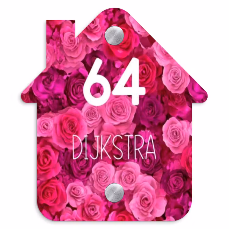 Naambordje voordeur - Huisjesvorm - Roze rozen - Modern — 1