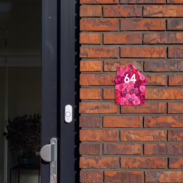 Naambordje voordeur - Huisjesvorm - Roze rozen - Modern — 3