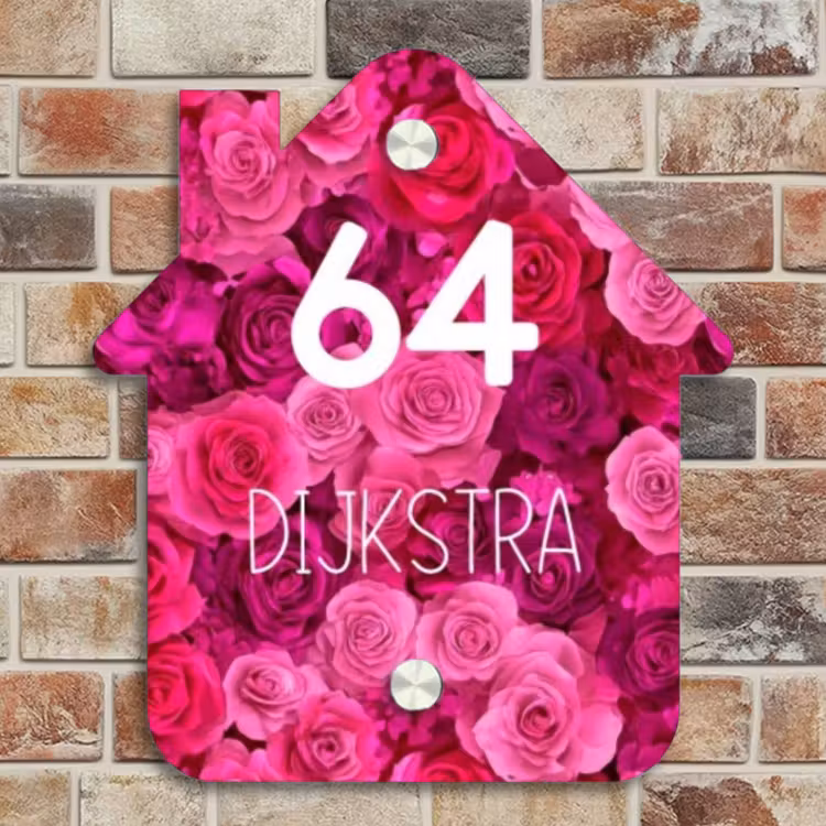 Naambordje voordeur - Huisjesvorm - Roze rozen - Modern — 4