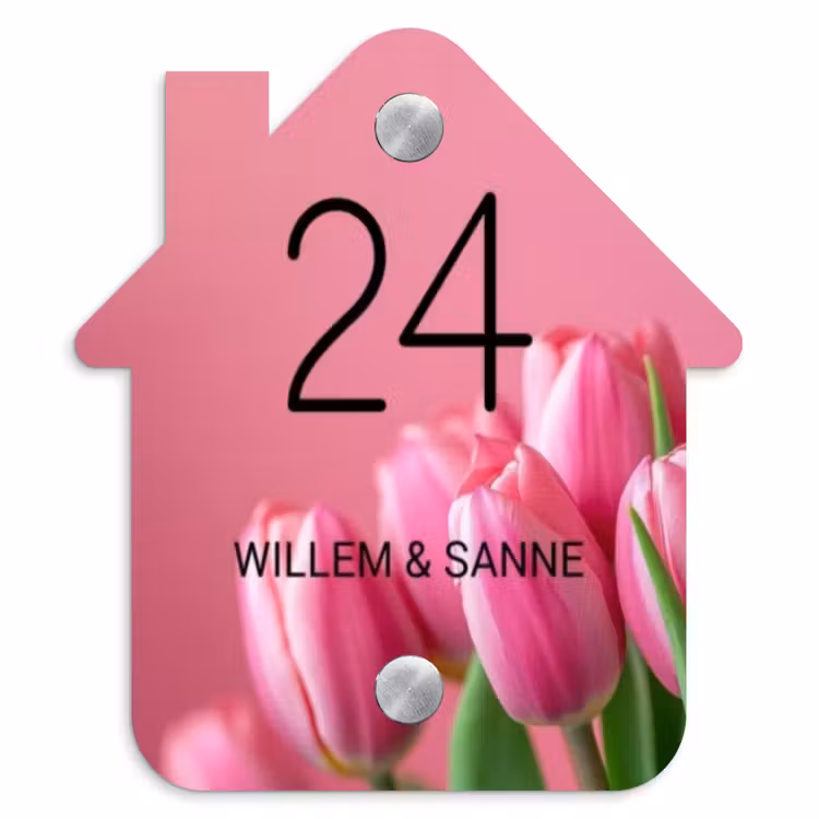 Naambordje voordeur - Huisjesvorm - Roze tulpen - Klassiek — 1