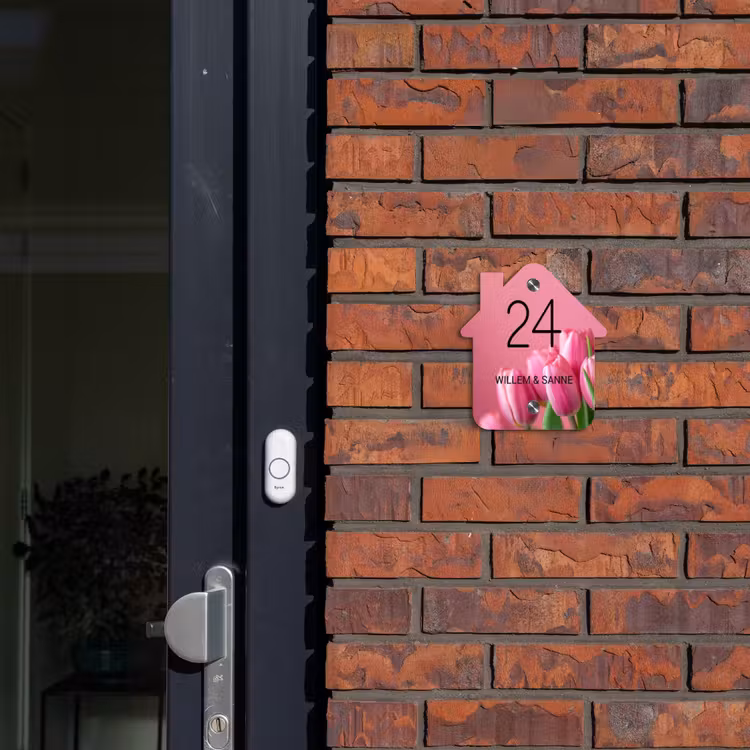 Naambordje voordeur - Huisjesvorm - Roze tulpen - Klassiek — 3