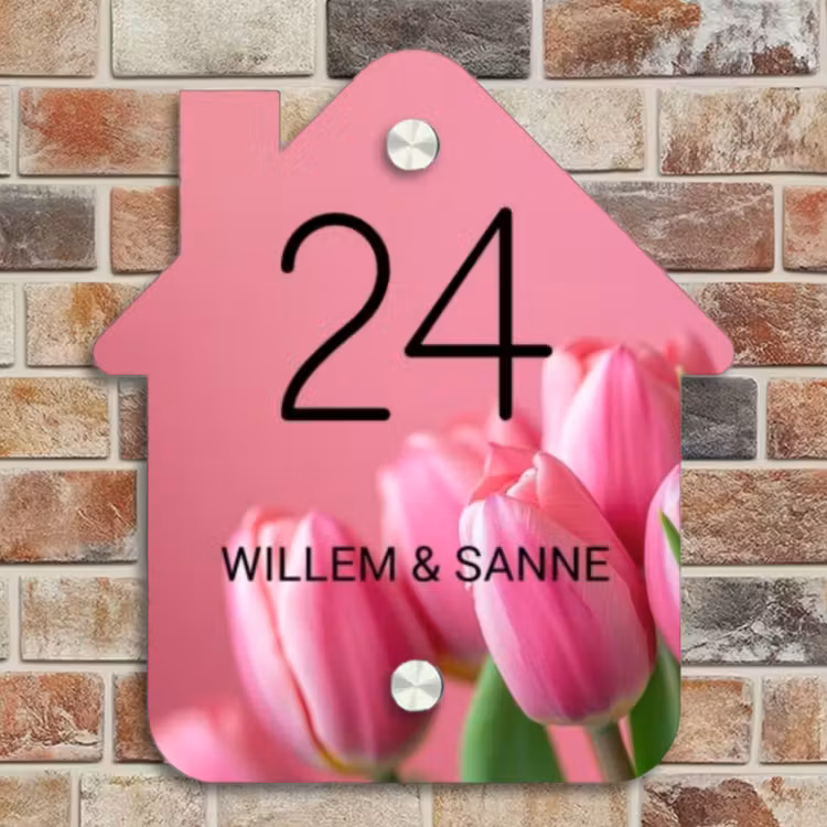 Naambordje voordeur - Huisjesvorm - Roze tulpen - Klassiek — 4
