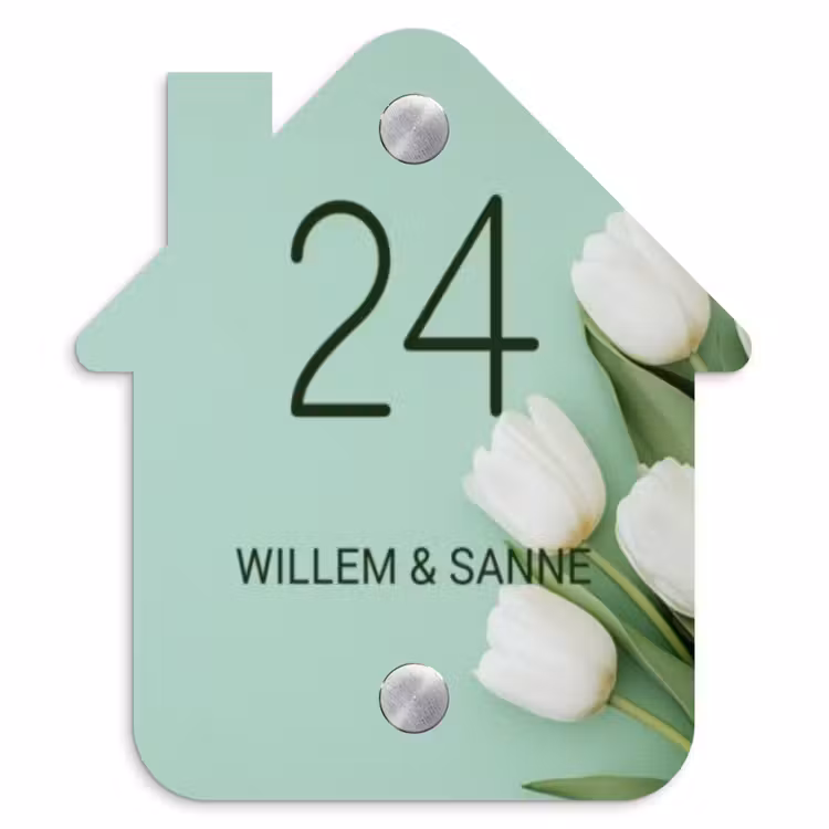 Naambordje voordeur - Huisjesvorm - Witte tulpen - Klassiek — 1