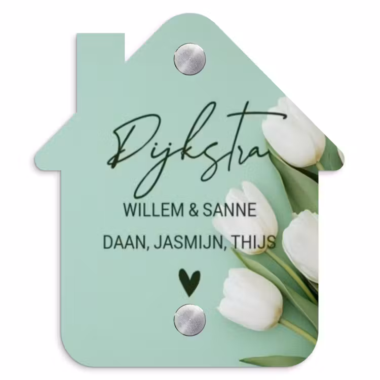 Naambordje voordeur - Huisjesvorm - Witte tulpen - Sierlijk — 1