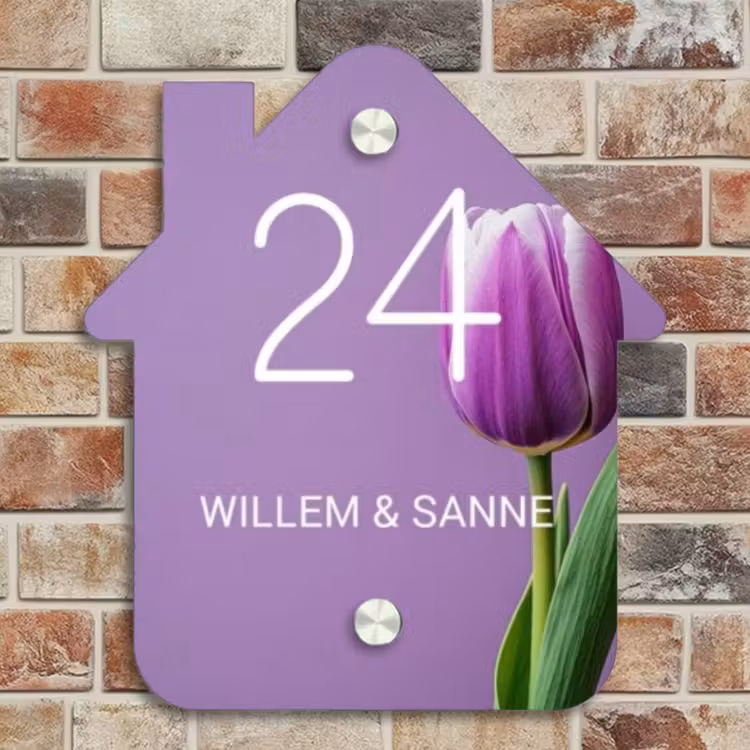 Naambordje voordeur - Huisjesvorm - Paarse tulp - Klassiek — 4