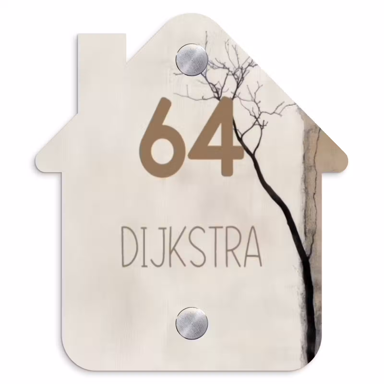 Naambordje voordeur - Huisjesvorm - Boomsilhouet beige achtergrond - Modern — 1