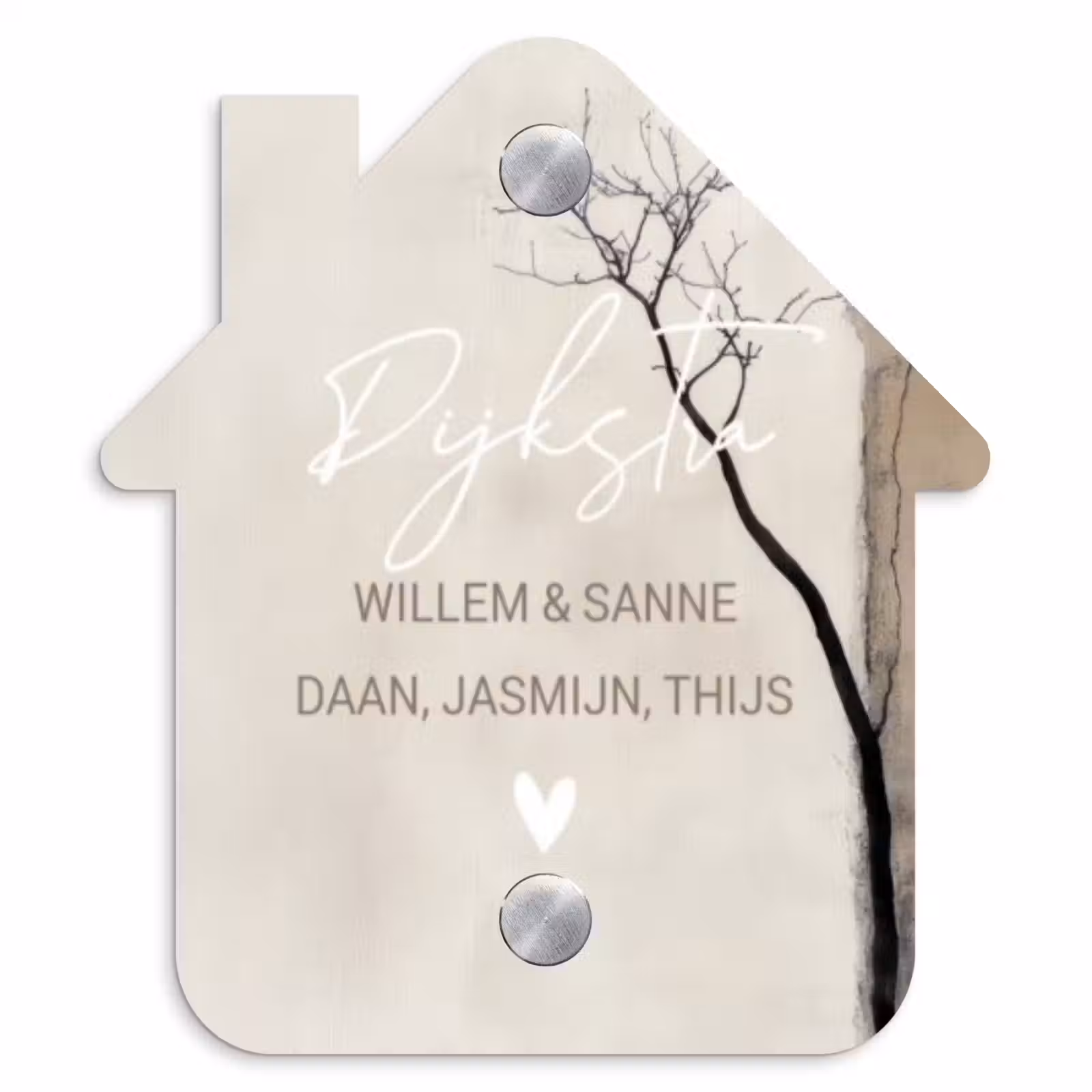 Naambordje voordeur - Huisjesvorm - Boomsilhouet beige achtergrond - Sierlijk — 1