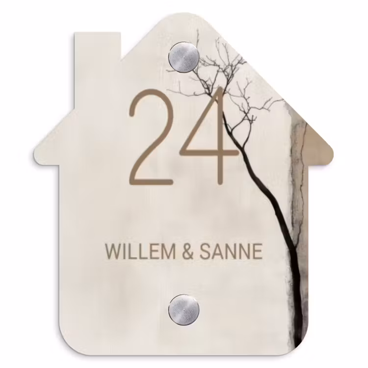 Naambordje voordeur - Huisjesvorm - Boomsilhouet beige achtergrond - Klassiek — 1