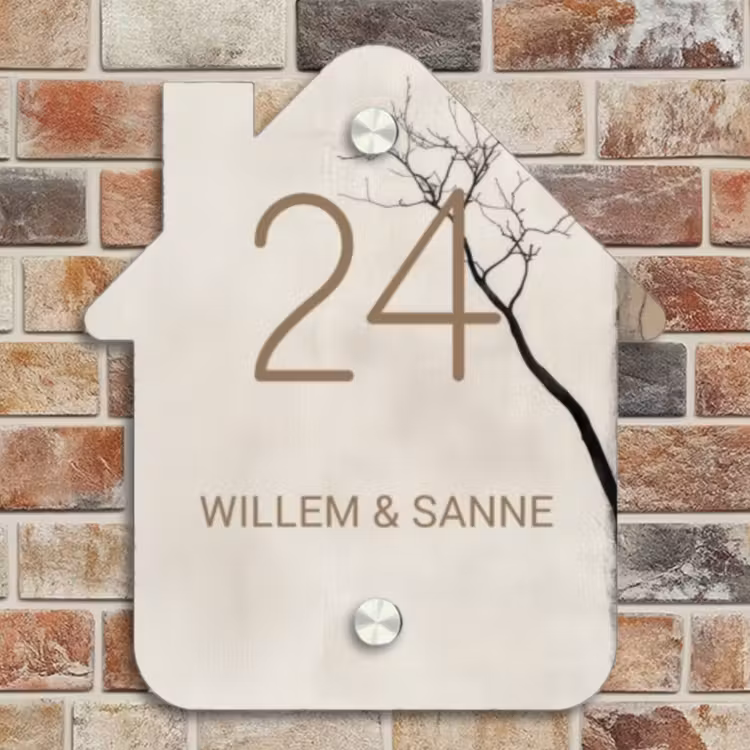 Naambordje voordeur - Huisjesvorm - Boomsilhouet beige achtergrond - Klassiek — 4