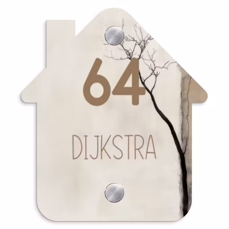 Naambordje voordeur - Huisjesvorm - Boomsilhouet beige achtergrond - Modern — 1