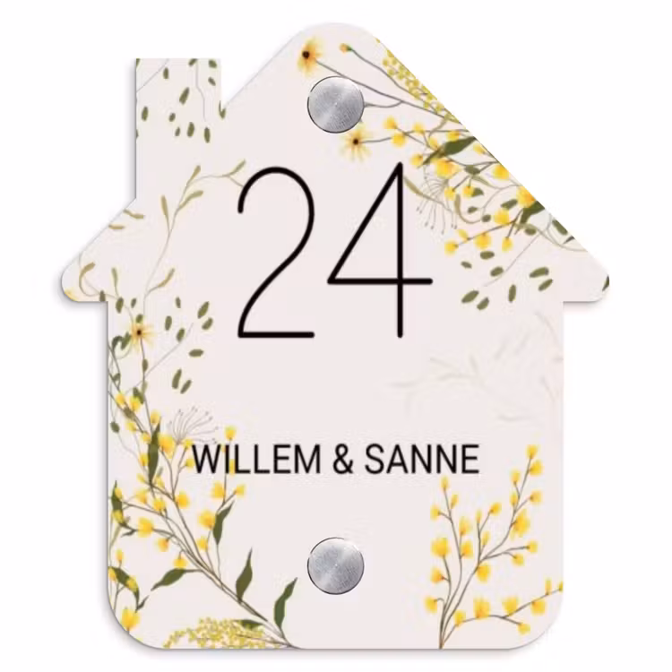 Naambordje voordeur - Huisjesvorm - Gele bloemen - Klassiek — 1