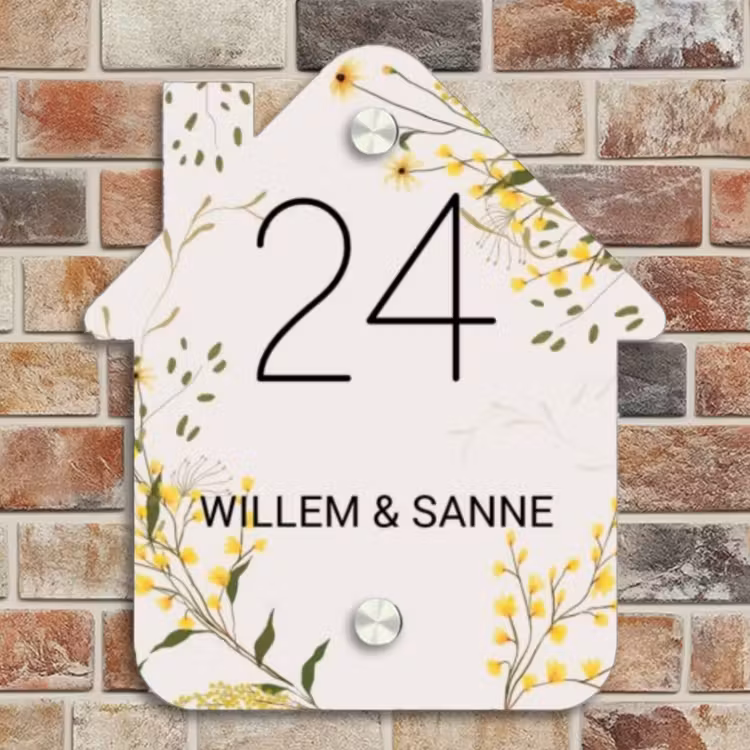 Naambordje voordeur - Huisjesvorm - Gele bloemen - Klassiek — 4