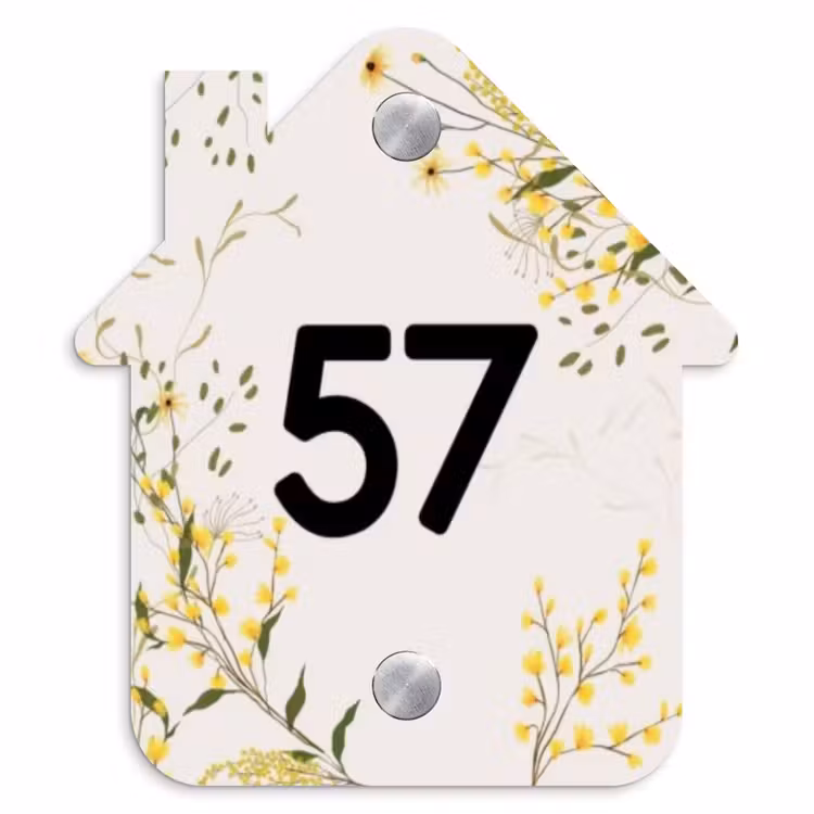 Naambordje voordeur - Huisjesvorm - Gele bloemen - Traditioneel — 1
