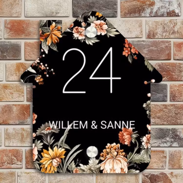 Naambordje voordeur - Huisjesvorm - Bloemen - Zwart - Klassiek — 4