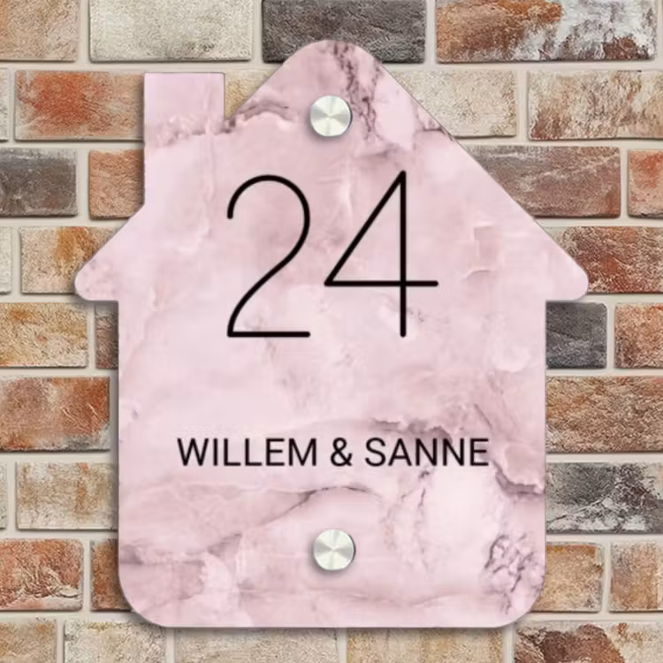 Naambordje voordeur - Huisjesvorm - Roze marmer - Klassiek — 4