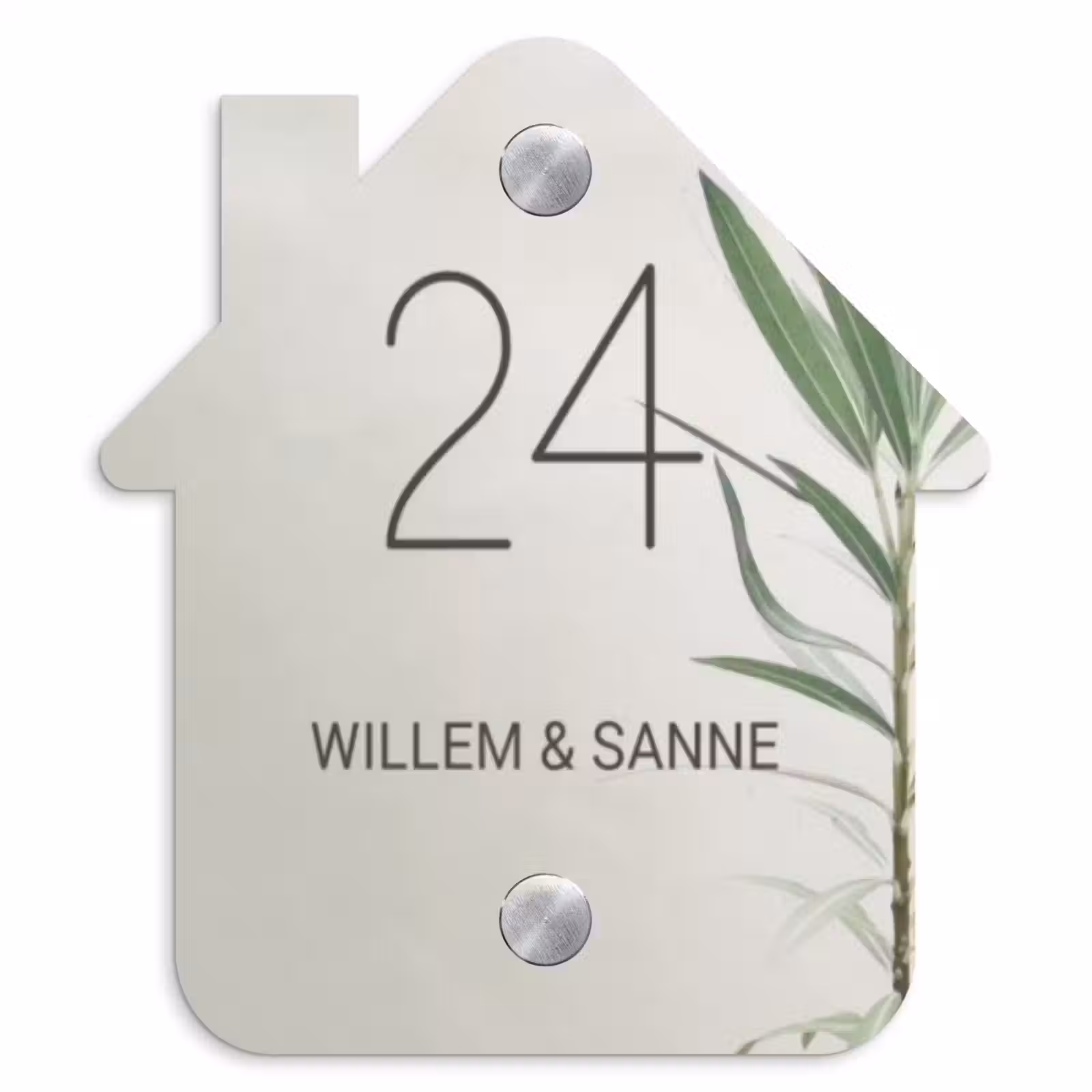 Naambordje voordeur - Huisjesvorm - Lichtbeige met plant - Klassiek — 1