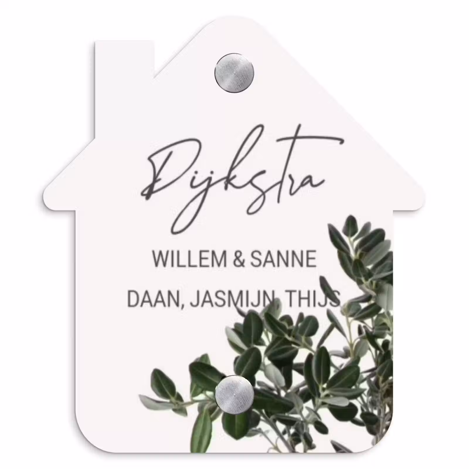 Naambordje voordeur - Huisjesvorm - Wit met bladeren - Sierlijk — 1