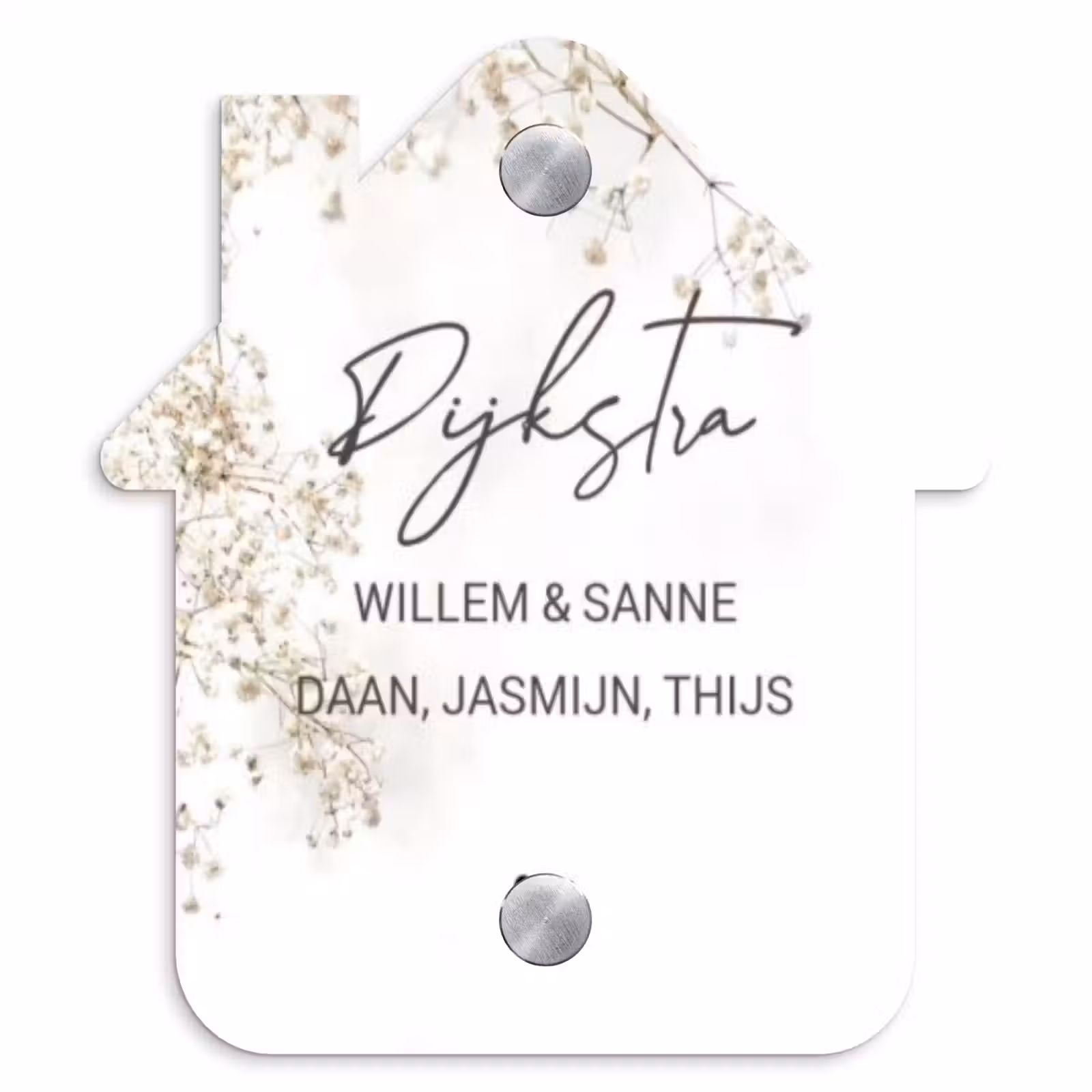 Naambordje voordeur - Huisjesvorm - Wit met bloementakjes - Sierlijk — 1