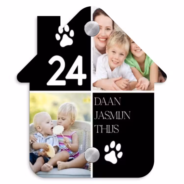 Naambordje voordeur - Huisjesvorm - Familieportret met pootafdrukken zwart - Klassiek — 1