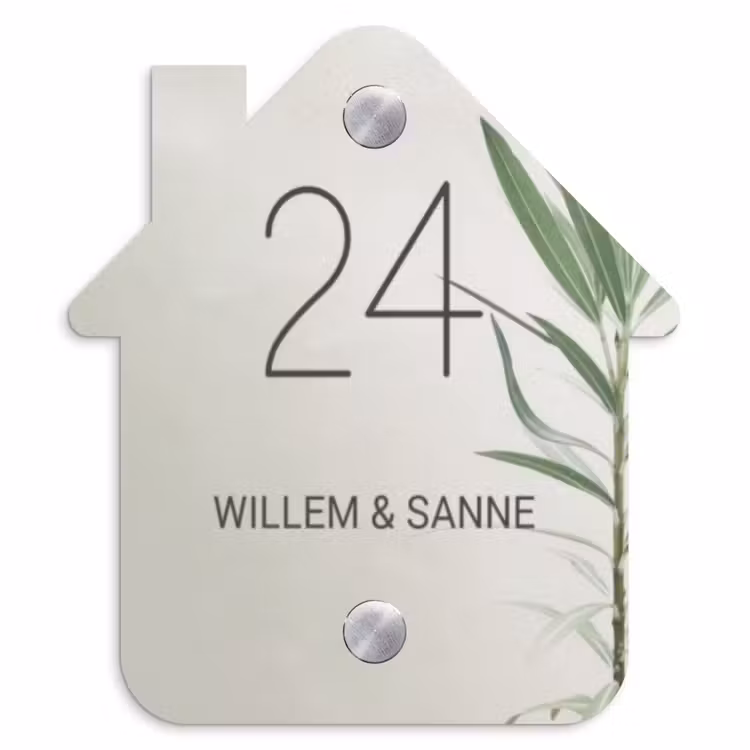 Naambordje voordeur - Huisjesvorm - Lichtbeige met plant - Klassiek — 1