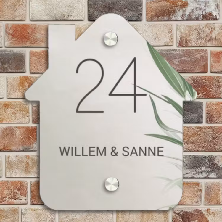 Naambordje voordeur - Huisjesvorm - Lichtbeige met plant - Klassiek — 4