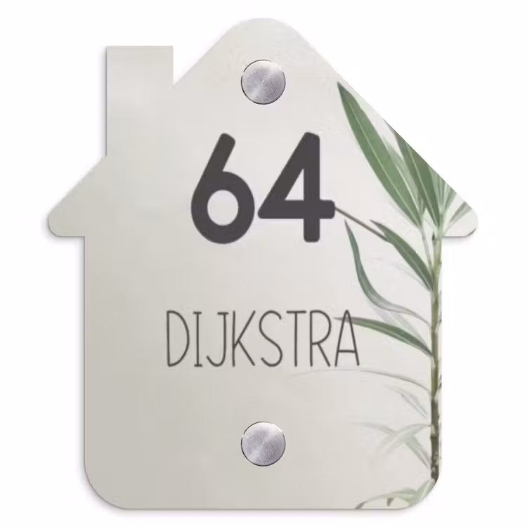 Naambordje voordeur - Huisjesvorm - Lichtbeige met plant - Modern — 1
