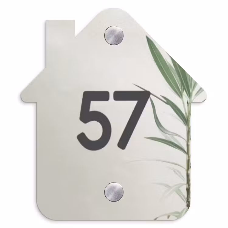 Naambordje voordeur - Huisjesvorm - Lichtbeige met plant - Traditioneel — 1