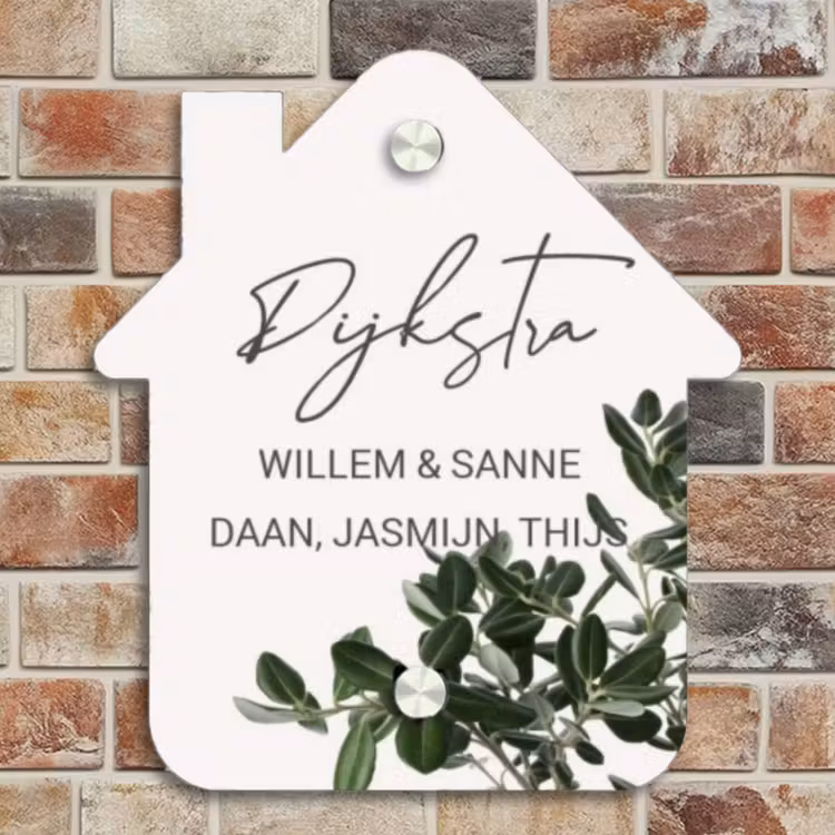 Naambordje voordeur - Huisjesvorm - Wit met bladeren - Sierlijk — 4