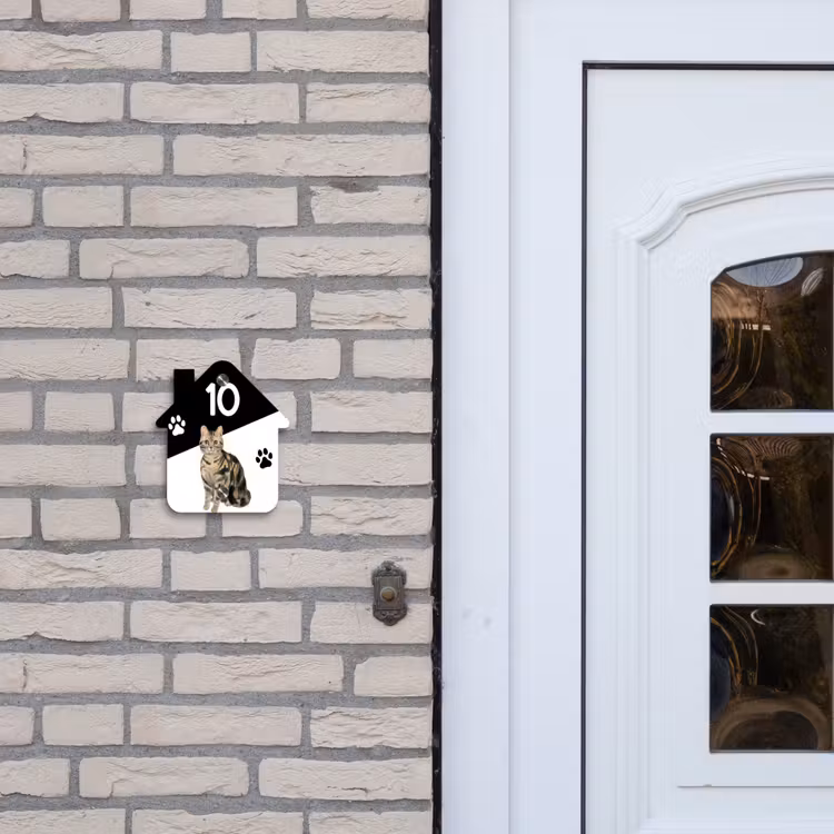 Naambordje voordeur - Huisjesvorm - Zwart wit - Huisdier - Bruingestreepte kat — 2