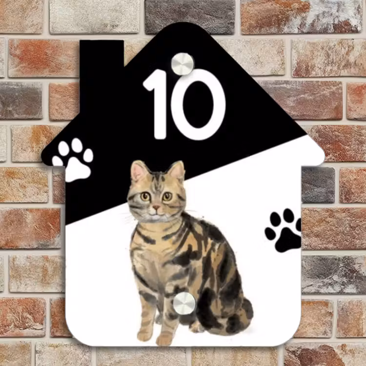 Naambordje voordeur - Huisjesvorm - Zwart wit - Huisdier - Bruingestreepte kat — 4