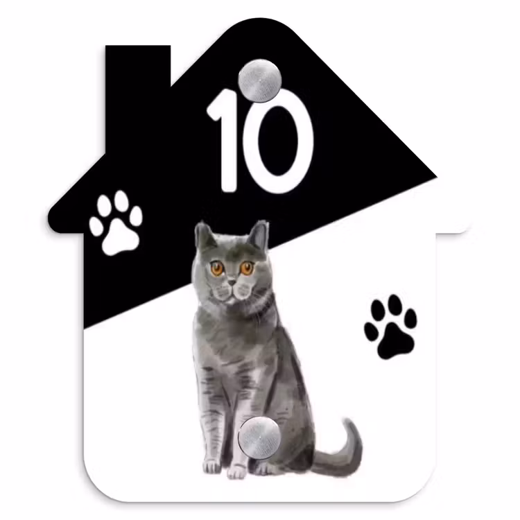 Naambordje voordeur - Huisjesvorm - Zwart wit - Huisdier - Grijze kat — 1
