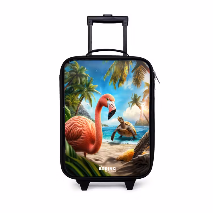 Kinderkoffer - Zwart - Flamingo en schildpad op tropisch strand — 1