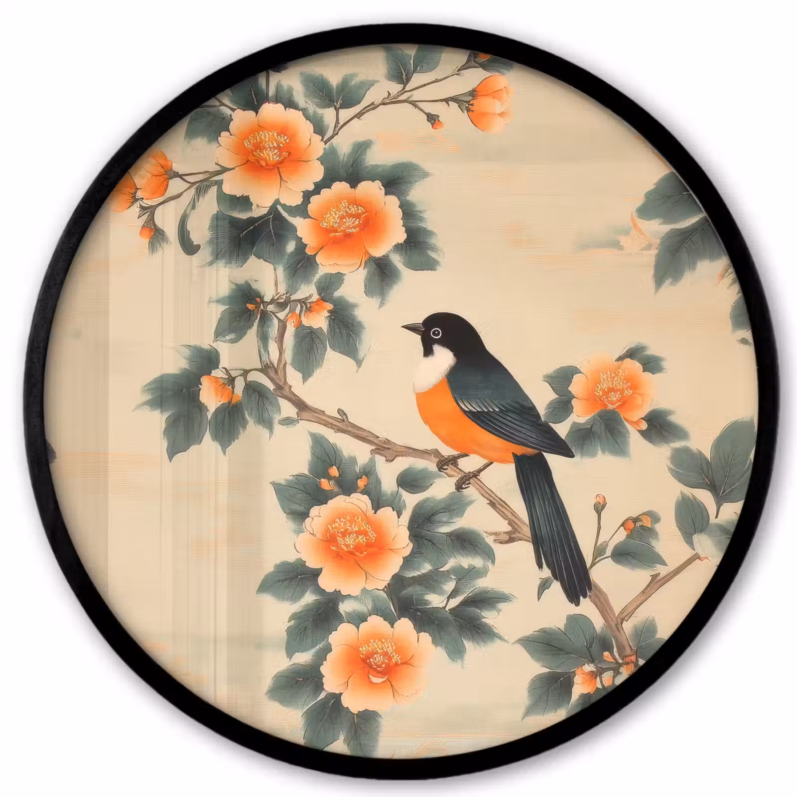 Ronde fotolijst - Vogel - Tak - Bloemen - Oranje — 1