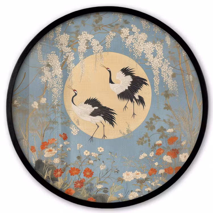 Ronde fotolijst - Kraanvogels - Maan - Bloemen - Blauw — 1