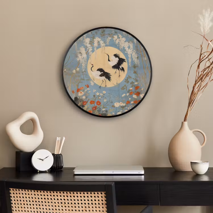 Ronde fotolijst - Kraanvogels - Maan - Bloemen - Blauw — 3