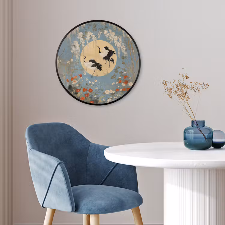 Ronde fotolijst - Kraanvogels - Maan - Bloemen - Blauw — 4