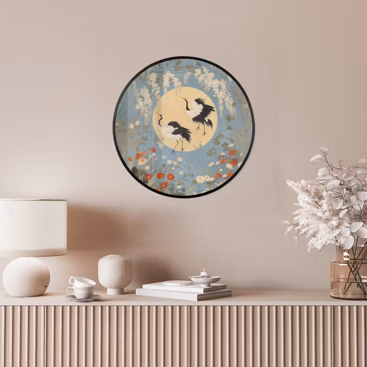 Ronde fotolijst - Kraanvogels - Maan - Bloemen - Blauw — 5