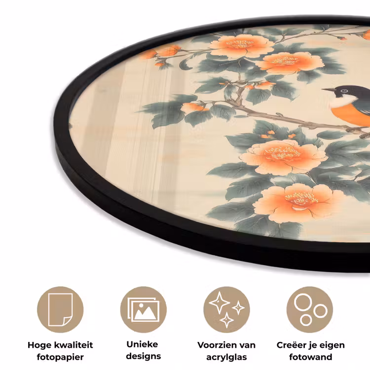 Ronde fotolijst - Vogel - Tak - Bloemen - Oranje — 2